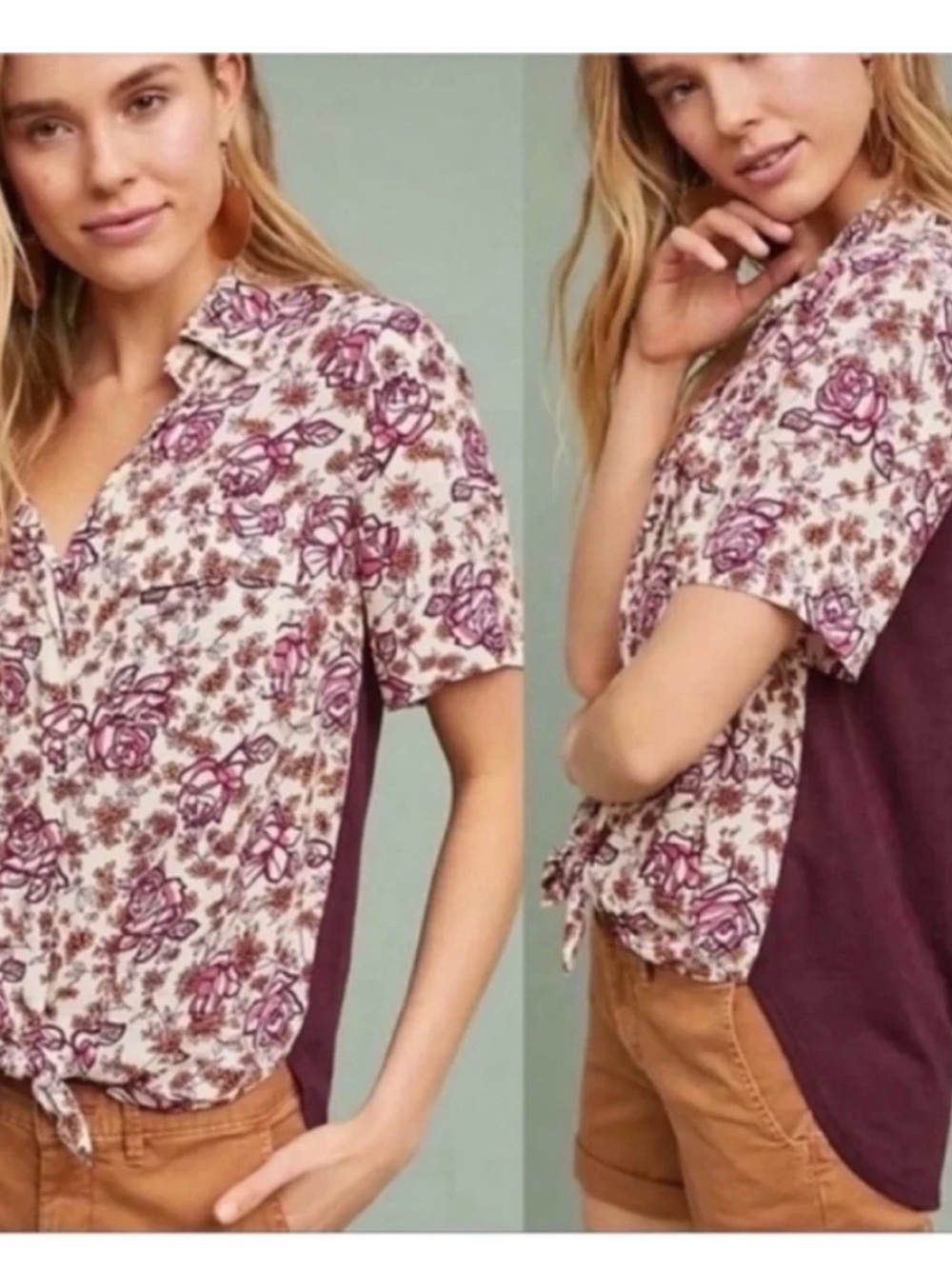 Floral Pink Button-Down Short Sleeve Blouse